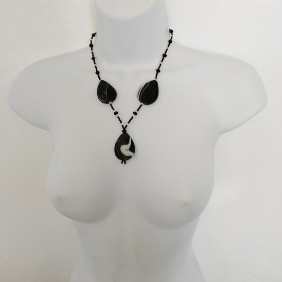 Black Beaded Statement Necklace With Agate Teardrop Pendants Handmade 19 Inches - Picture 5 of 12
